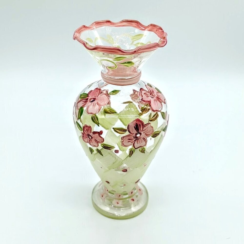 Tracy Porter Hand-Painted Green Pink Floral Glass Bud Vase